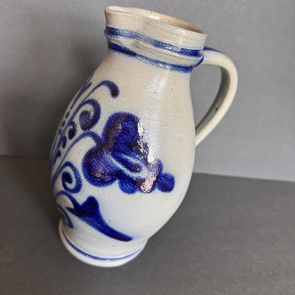 Vintage Westerwald German Gray & Hand Painted Cobalt Blue ~ Salt Glazed Pitcher